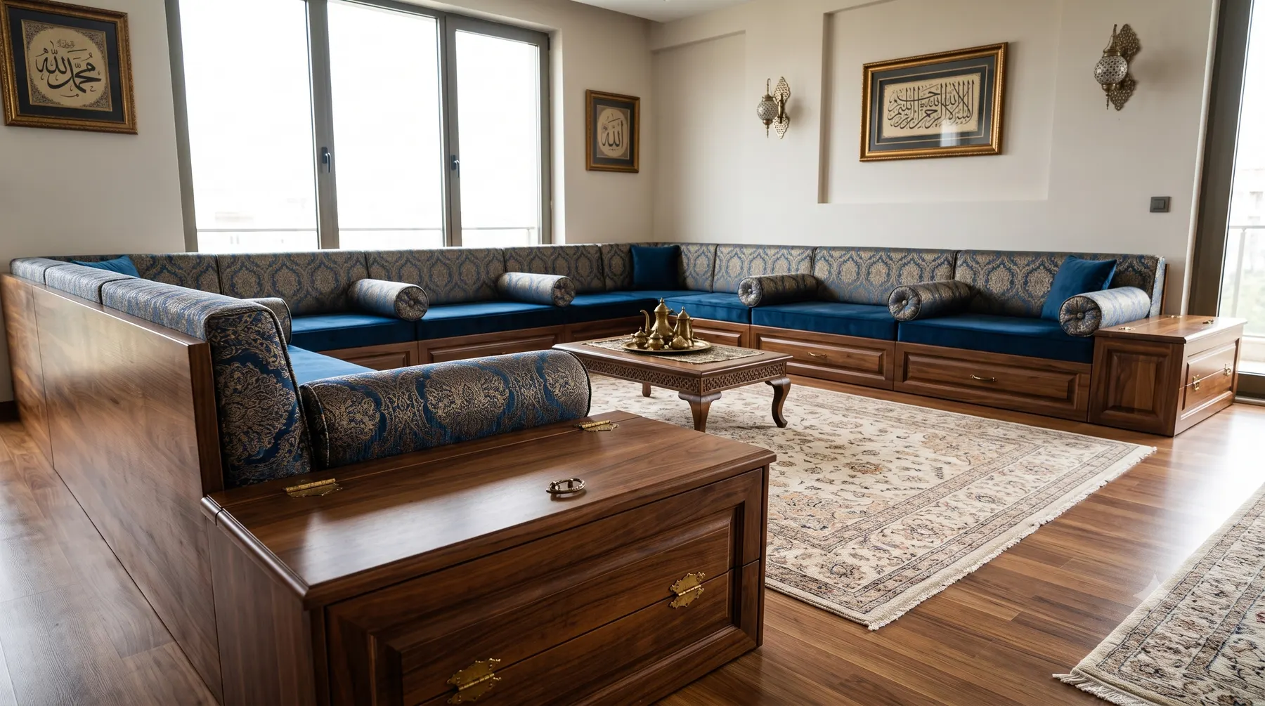 Ceviz ahşap sandıklı sedirde kapaklı saklama gözü ve kulp detayı